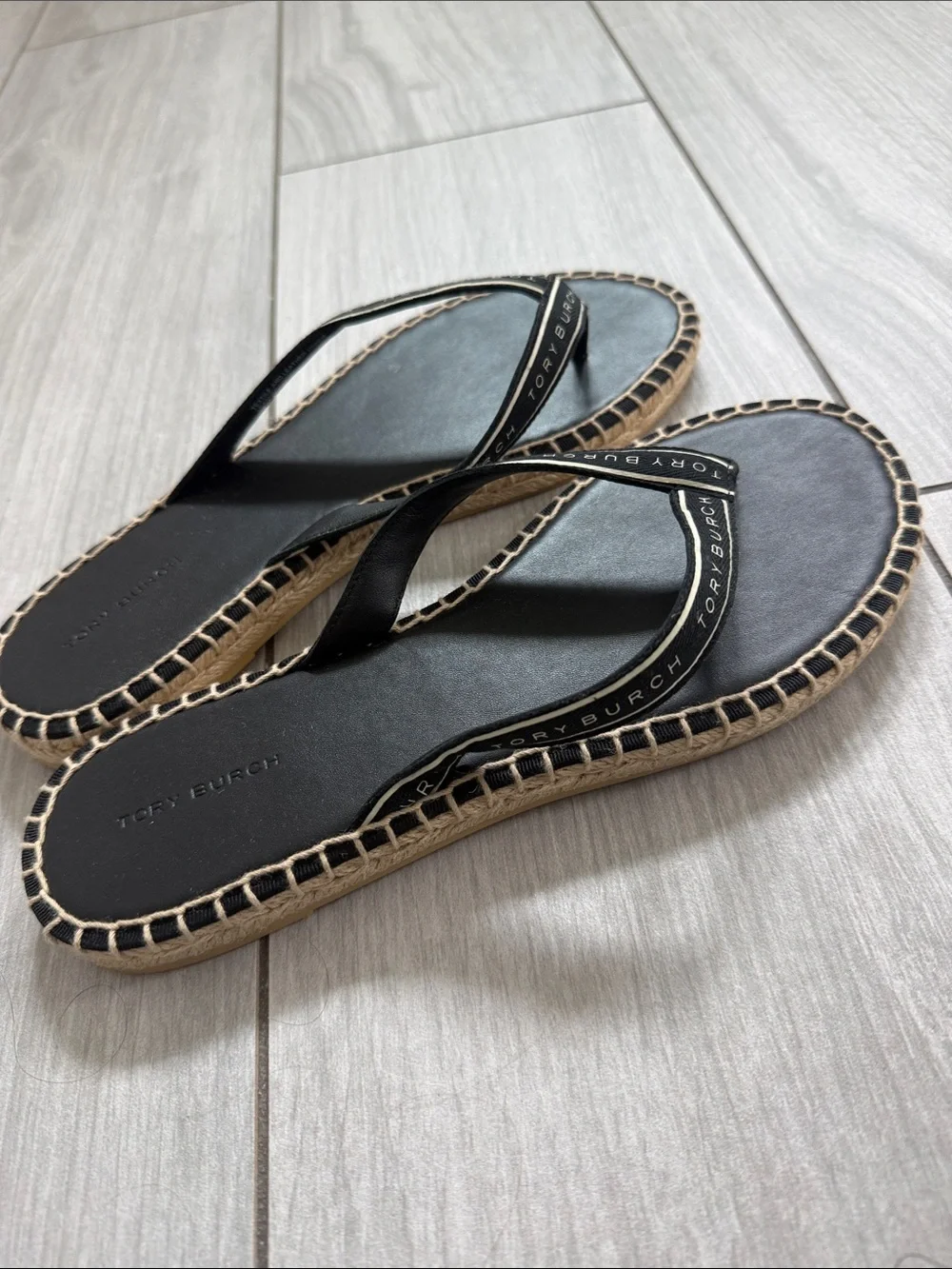 Tory Burch Women's Tory Ribbon Thong Espadrilles, Perfect Black/ New Cream Sz 9